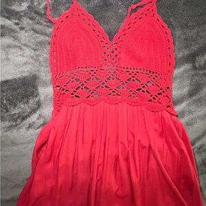 Red Romantic Crochet Lace Backless Maxi Dress